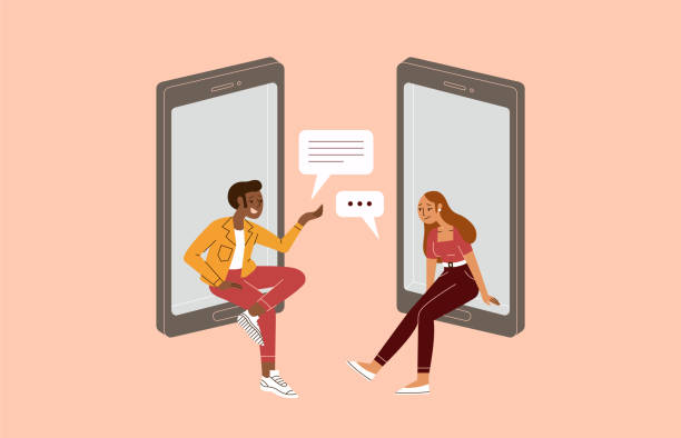 두 젊은 사람들이 채팅과 데이트 응용 프로그램에 사랑의 관계를 시작 - internet dating illustrations stock illustrations