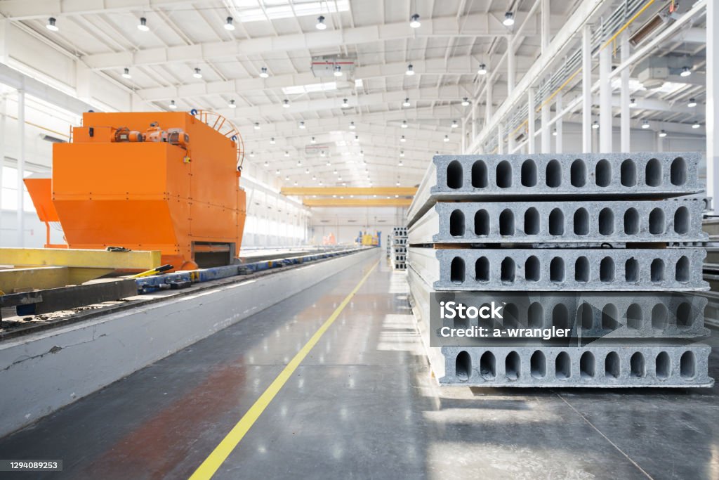 Precast Stacking Stack Of Precast Reinforced Concrete Slabs In Factory Workshop Stock ...