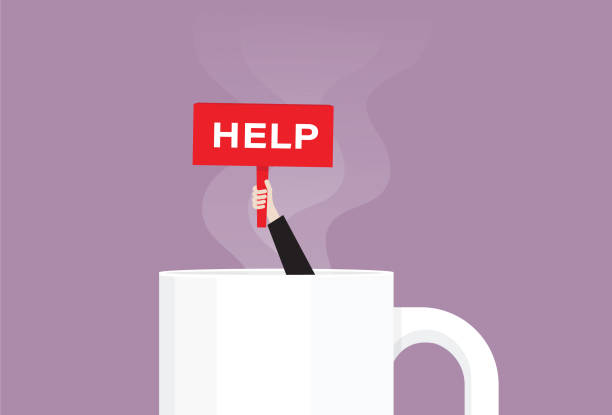 Hand holds a help sign in a coffee cup Emotional Stress, Frustration, Burnout, Working, Tired burnout stock illustrations