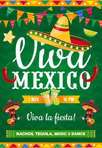 illustrazioni stock, clip art, cartoni animati e icone di tendenza di poster vettoriale viva mexico, volantino per feste di musica dal vivo - location shot