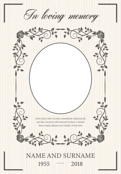 Vector illustration of Funeral card vector template, oval frame for photo