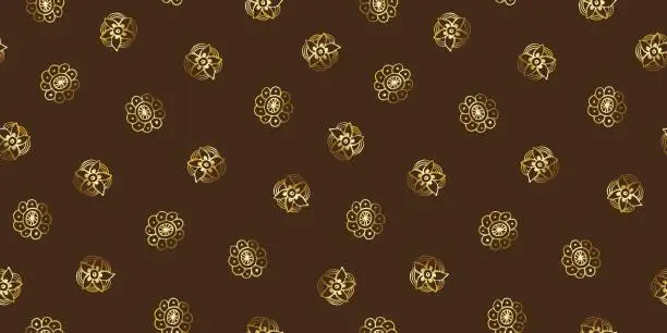 Vector illustration of boho golden flowers pattern seamless. Seamless background folk flower banner on brown. golden mandalas pattern web banner. Seamless Mandalas Pattern pattern for fabric,web banner, print,wrapping paper