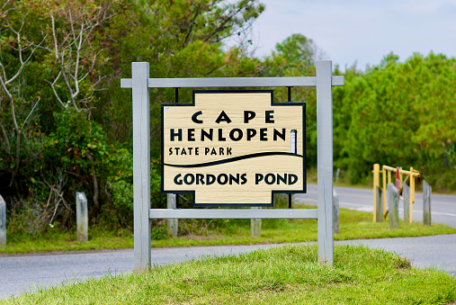 Rehoboth Beach, Delaware / USA - September 17, 2017: South entrance sign to Cape Henlopen State Park and Gordons Pond area.