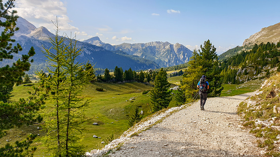 A man hiking along a wide gravelled road in Italian Dolomites from the top of Strudelkopf. A panoramic view on the high mountains. Sunny day. A few clouds above the high peaks. Lush green plateau