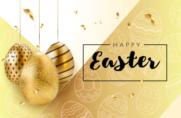 Happy Easter Background With Realistic Golden Shine Decorated Eggs Confetti  And Doodles Invitation Vector Illustration Greeting Card Ad Promotion  Poster Flyer Webbanner Article Social Media Stock Illustration - Download  Image Now - iStock