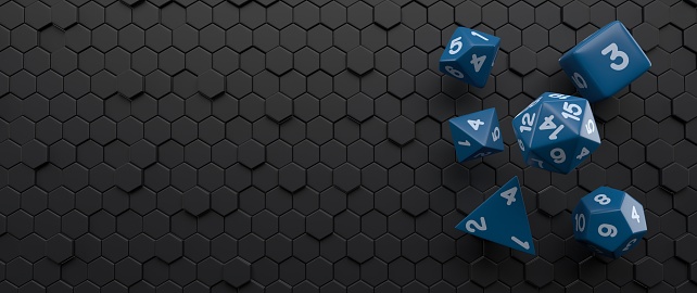 Rpg dice on hexagonal background. 3d illustration
