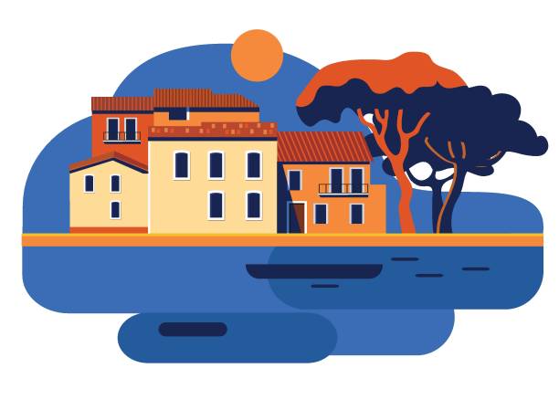 ilustraciones, imágenes clip art, dibujos animados e iconos de stock de paisaje mediterráneo con la ciudad y la puesta de sol estilo ilustración vectorial estilo plano - southern mansion