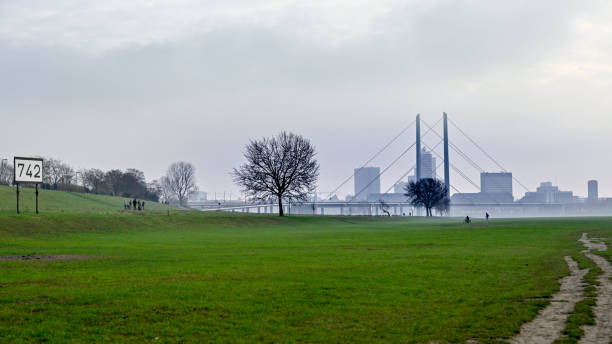 Duesseldorf, Germany, January 01, 2021 - The Kilometer sign, Rhine kilometer 742, at the level of Oberkassel / Heerdt