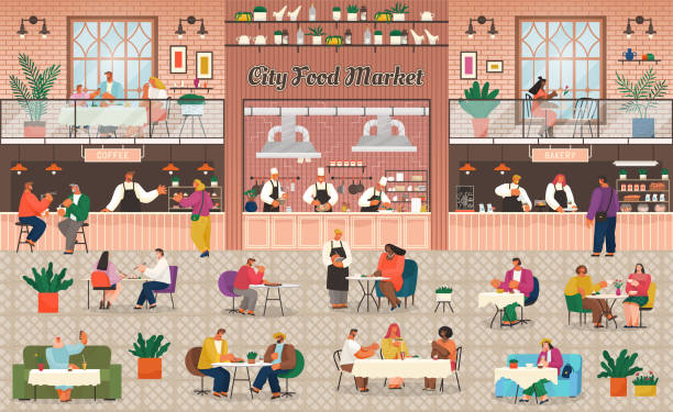 food court in shopping mall, essen aus, markt - freunde imbiss großstadt stock-grafiken, -clipart, -cartoons und -symbole
