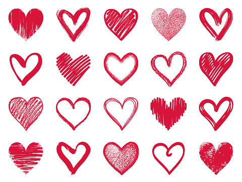 Set of hand drawn red hearts. Vector design elements isolated on white background.