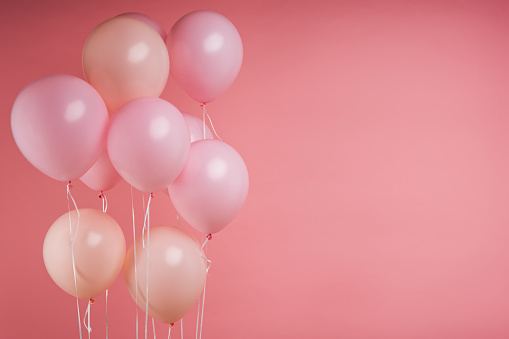 Pink birthday helium balloons floating on studio light pink background with copy space for promotion text. Love, advertising banner, valentine, wedding honeymoon concept.