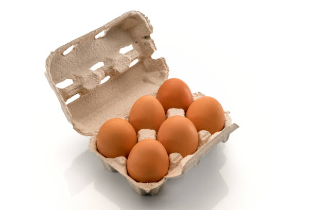 six chicken eggs in cardboard egg tray