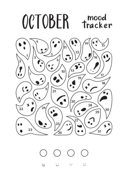 Vector illustration of A4 print mood tracker for October with cute ghosts. Tracker for tracking your daily mood for 31 days