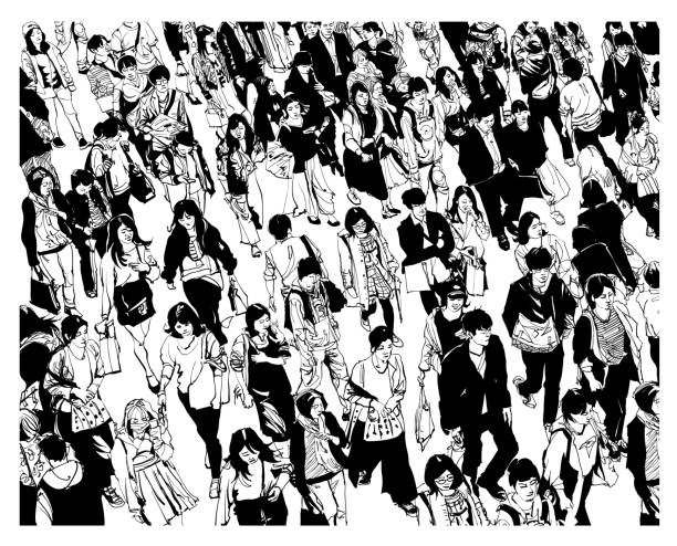 illustrations, cliparts, dessins animés et icônes de piétons marchant au passage à niveau de shibuya - foule illustrations