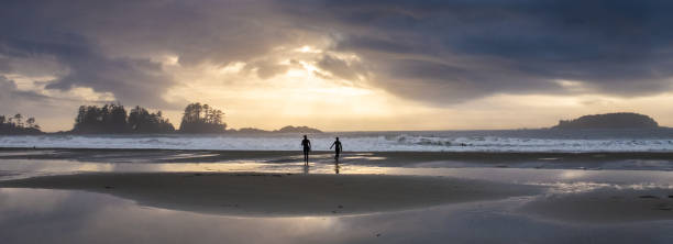 istock Sunset on Chesterman Beach, with two surfers entering the sea 1294119954