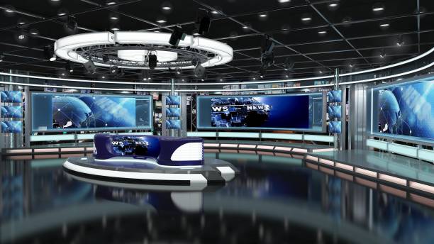 istock Virtual TV Studio News Set 1.2-8 Green screen background. 3d Rendering. 1294123597