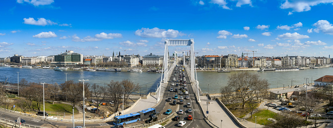 Budapest, Hungary - March 2018: Panoramic view of traffic queuing to cross the Elisabeth Bridge over the River Danube in Budapest city centre.