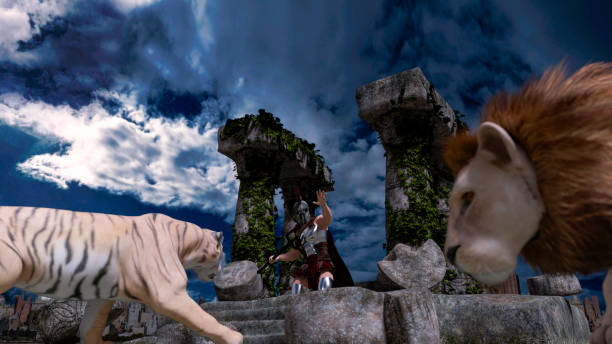 istock Gladiator warrior fighter in armor fighting a tiger and a lion. Ancient Greece or Rome. Columns ruins of a Temple. 1294125582