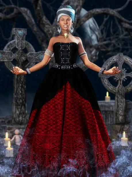 Portrait of a voodoo priestess on a cemetery at night.