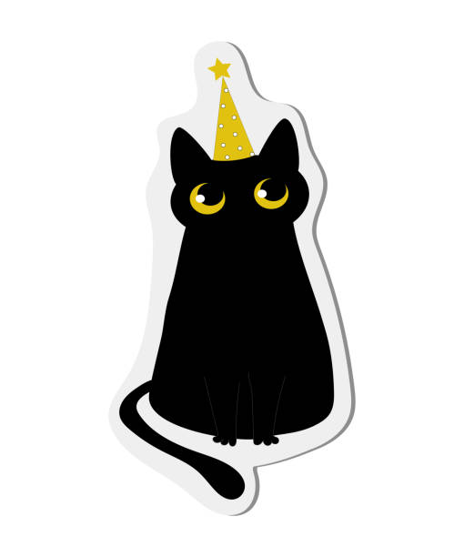 naklejki. czarny zabawny kot na nowy rok, boże narodzenie. na pocztówki, posty, nadruki mody, tekstylia, odzież, kubki. styl kreskówki. ilustracja wektorowa. - silhouette animal black domestic cat stock illustrations