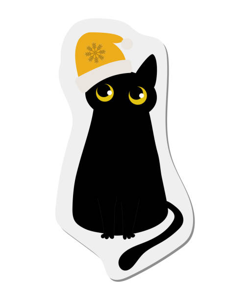 ilustrações, clipart, desenhos animados e ícones de etiqueta. gato preto engraçado para o ano novo, natal. para cartões postais, postagens, estampas de moda, têxteis, roupas, copos. estilo desenho animado. ilustração vetorial. - silhouette animal black domestic cat