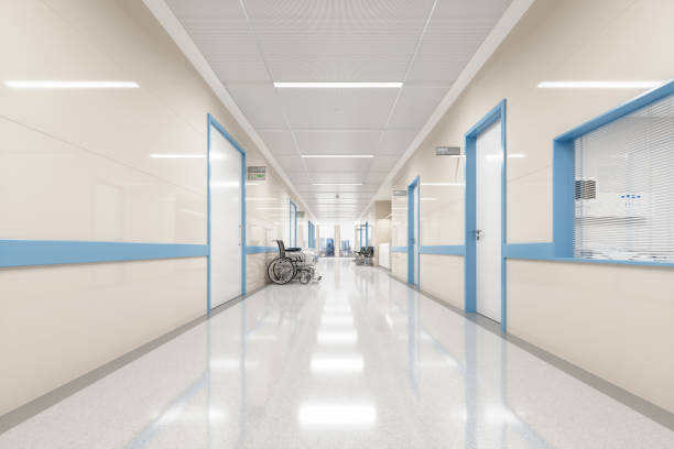 Empty Modern Hospital Corridor Corridor of an empty modern Japanese hospital with Japanese and English signages. emergency room photos stock pictures, royalty-free photos & images