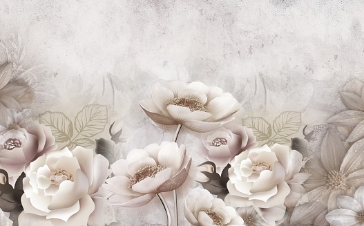 3d mural wallpaper with simple floral background .\nmodern flowers in simple wall\n3d illustration, abstract, art, background, beautiful, beauty, beige, blossom, blurred, bouquet, card, color, decoration, decorative, delicate color, design, fabric, flora, floral, floral pattern, flower, flower composition, garden, greeting, home flowers, illustration, landscape, leaf, nature, original, painting, pattern, plant, print, romantic, rose, spring, summer, texture, vintage, wallpaper, watercolor, wedding, white
