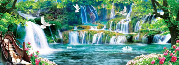 Photo of 3d mural colorful landscape . flowers branches multi colors with trees and water . Waterfall and flying birds . suitable for print on canvas