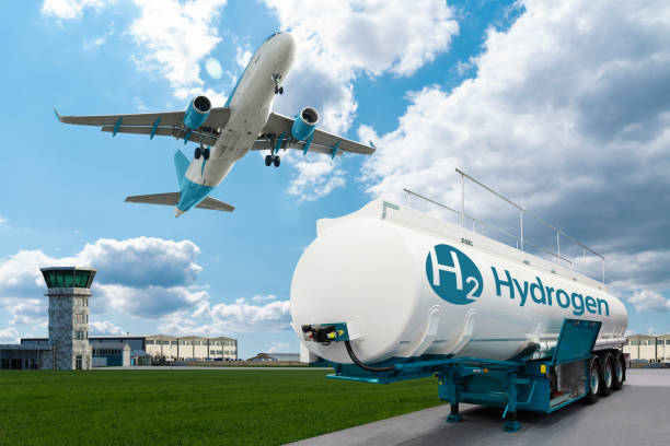 Airplane and hydrogen tank trailer Airplane and hydrogen tank trailer on the background of airport. New energy sources hydrogen photos stock pictures, royalty-free photos & images