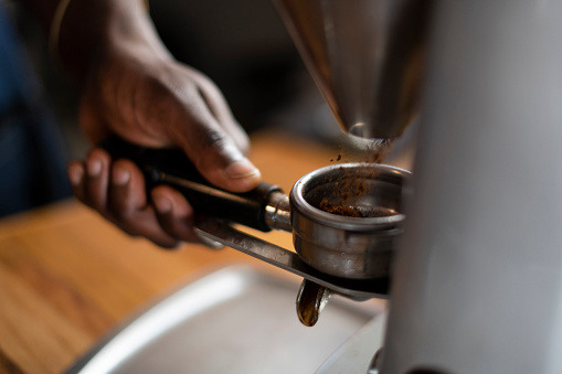 Freshly ground coffee in portafilter