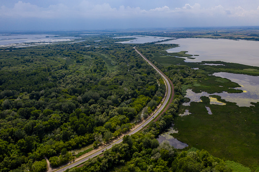 Aerial view of Daphne, Alabama and Mobile Bay on a humid summer day