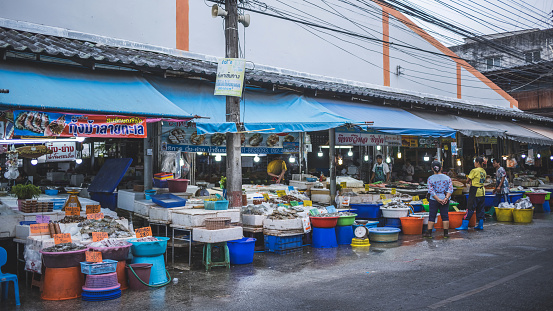 Rayong, Thailand - 2021 January 02 : Fresh seafood market in morning at Ban Phe harbour village to ferry for Koh Sa-med island, Rayong Province, Thailand