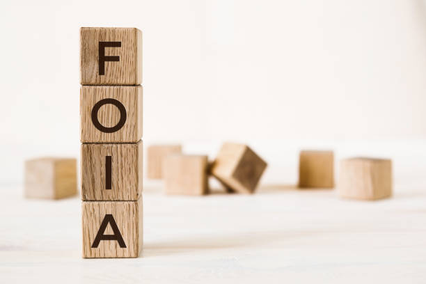 Word foia. Wooden small cubes with letters on white background with copy space available.