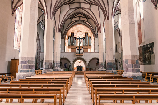 Bolzano, Italy - Aug 23, 2019 - Strict interior of a protestant church in Italy