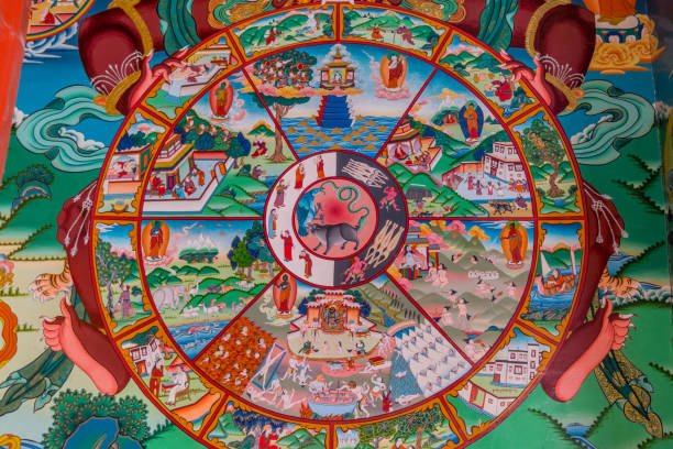 pinturas mural coloridas de metempsicose no mosteiro de hemis em leh, ladakh, indian controlled jammu e caxemira - tibet monk architecture india - fotografias e filmes do acervo
