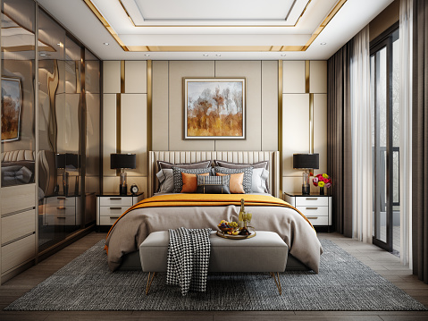Digitally generated modern style bedroom interior design. \n\nThe scene was rendered with photorealistic shaders and lighting in Autodesk® 3ds Max 2020 with V-Ray 5 with some post-production added.