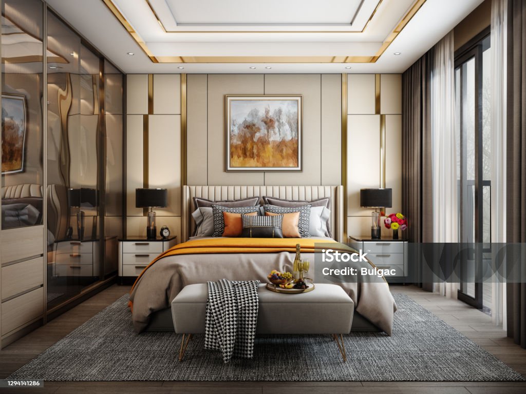 Modern Style Bedroom Digitally generated modern style bedroom interior design. 

The scene was rendered with photorealistic shaders and lighting in Autodesk® 3ds Max 2020 with V-Ray 5 with some post-production added. Bedroom Stock Photo