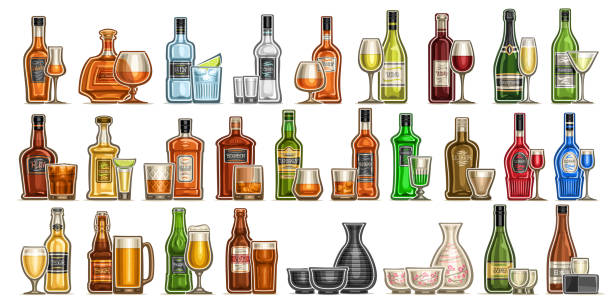 Vector Alcohol Set Vector Alcohol Set, variety cut out illustrations of hard spirit drinks in bottles and glasses, red and white premium wine in wineglass, cold ale and lager in pint mug, rice sake in japanese glassware scotch whiskey illustrations stock illustrations