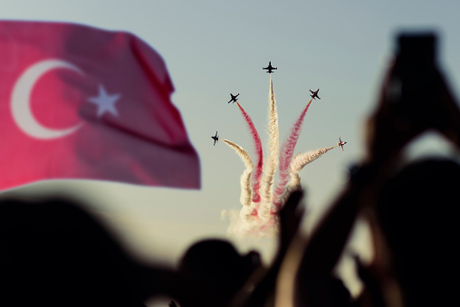Izmir, Turkey - September 09, 2019: This show is performed regularly in Izmir Turkey. It can be watched and photographed absolutely free of charge. It is the show of the Turkish Air Force.