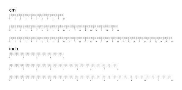 Vector illustration of Set of measuring scale with cm and inches. Marking for the ruler in centimeters and inches . Ruler 10, 20, 30 centimeter and 4, 8, 12 inch. Measuring tool.