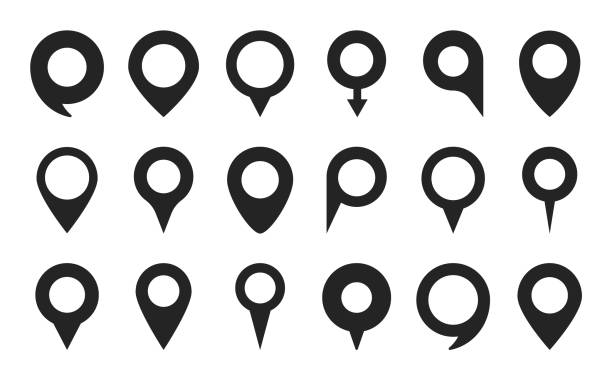 Set of pointers. Black map markers. Map pins. Navigation and location icons. Vector illustration. Set of pointers. Black map markers. Map pins. Navigation and location icons. Vector illustration. map pin stock illustrations
