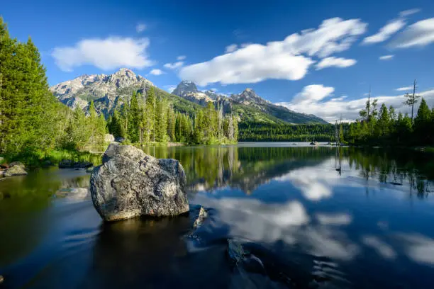 Photo of Boulder in Taggart Lake with Smeared Clouds