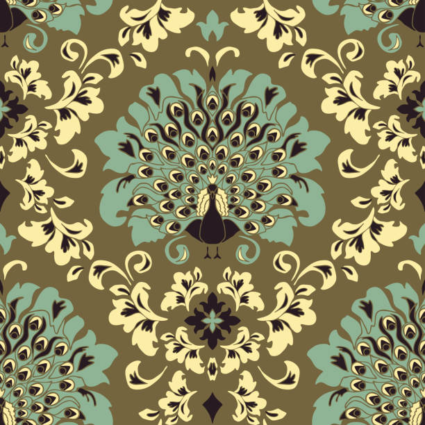 bezszwowy wzór wektorowy z wiktoriańskim ptakiem na brązowym tle. romantyczna tapeta damasceńska z pawiem. dekoracyjne vintage moda tekstylia. - flower bird floral pattern retro revival stock illustrations