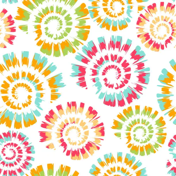 Vector illustration of Seamless vector pattern with tie dye spiral on white background. Simple colourful spiral wallpaper design. Artistic deco fashion textile.