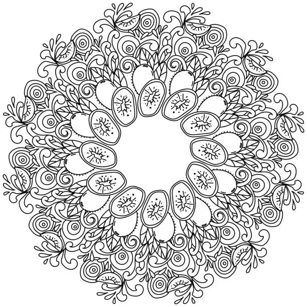 Vector illustration of Round contour mandala with kiwi fruits and leaves, healthy fruits in the form of a coloring page in the form of a round frame with curls and patterns