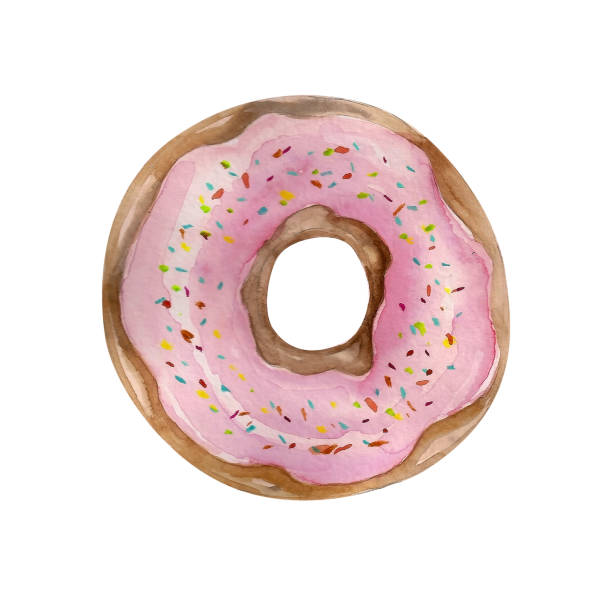 istock Watercolor illustration. Donut drawing with pink cream and multi-colored sprinkles. Watercolor sweet dessert. 1294154641