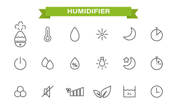 ilustrações de stock, clip art, desenhos animados e ícones de icons set on the theme of the humidifier. linear style. humidifier, air humidity, timer, temperature, backlight,silent mode, night mode, capacity size. isolated on a white background.vector illustration - silent night illustrations