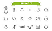 Icons set on the theme of the humidifier. linear style. humidifier, air humidity, timer, temperature, backlight,silent mode, night mode, capacity size. isolated on a white background.Vector illustration