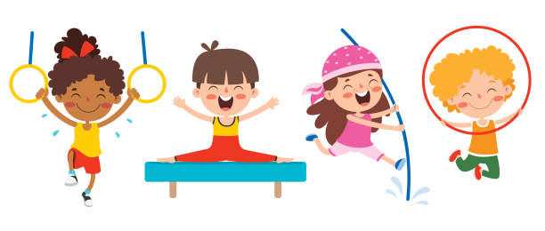 stockillustraties, clipart, cartoons en iconen met happy kids maken verschillende sporten - girls gym