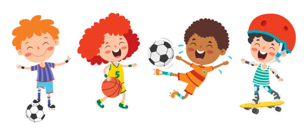 illustrazioni stock, clip art, cartoni animati e icone di tendenza di bambini felici che fanno vari sport - bambini calcio